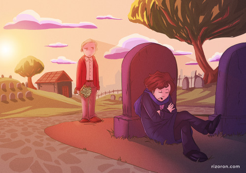 Warm sunset illustration of a man napping behind a tombstone while his friend stands nearby in a countryside graveyard