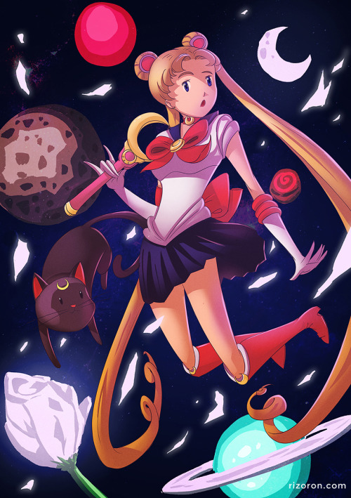 Sailor Moon and Luna floating through space among planets, crescent moons and white roses