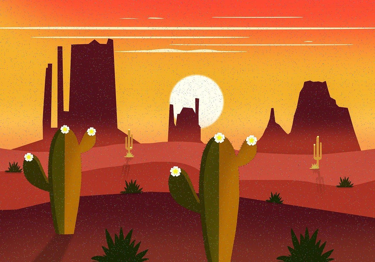 Flat vector illustration of a desert at sunset with cacti and layered hills
