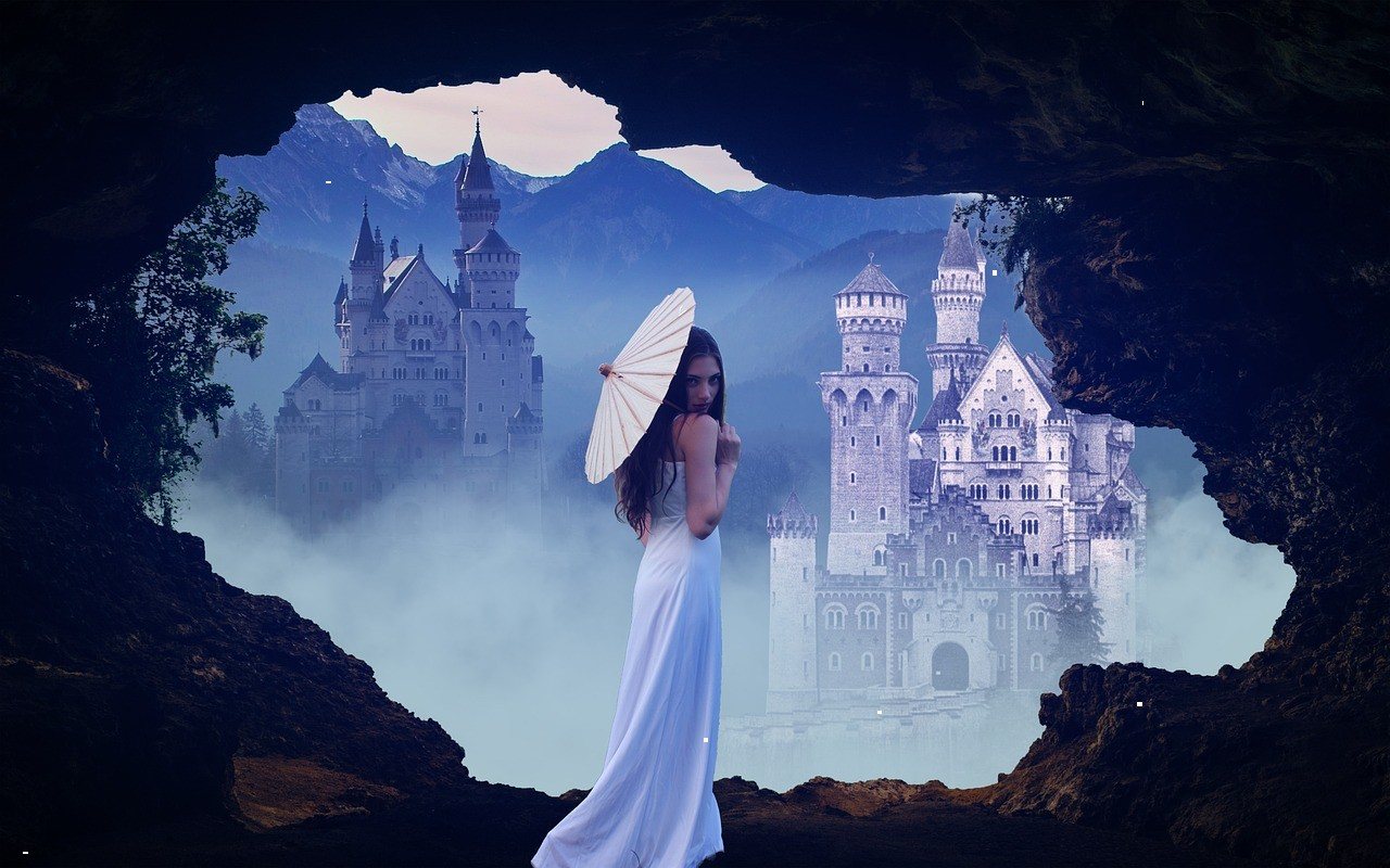 Fantasy concept scene with distant castles and a woman holding a parasol