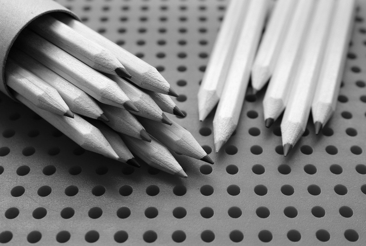 Black-and-white graphite pencils arranged on a pegboard